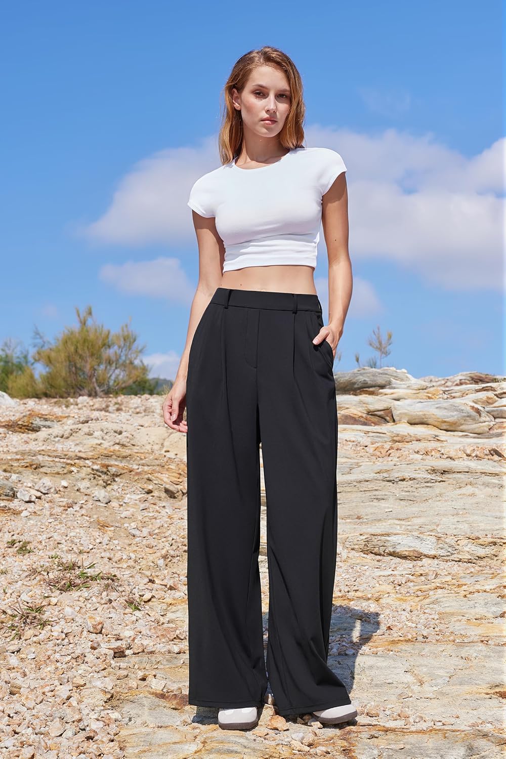 MOOSLOVER Women Wide Leg Dress Pants Stretch Pull On High Waisted Work Pants Business Casual Trousers with Pockets - Image 4