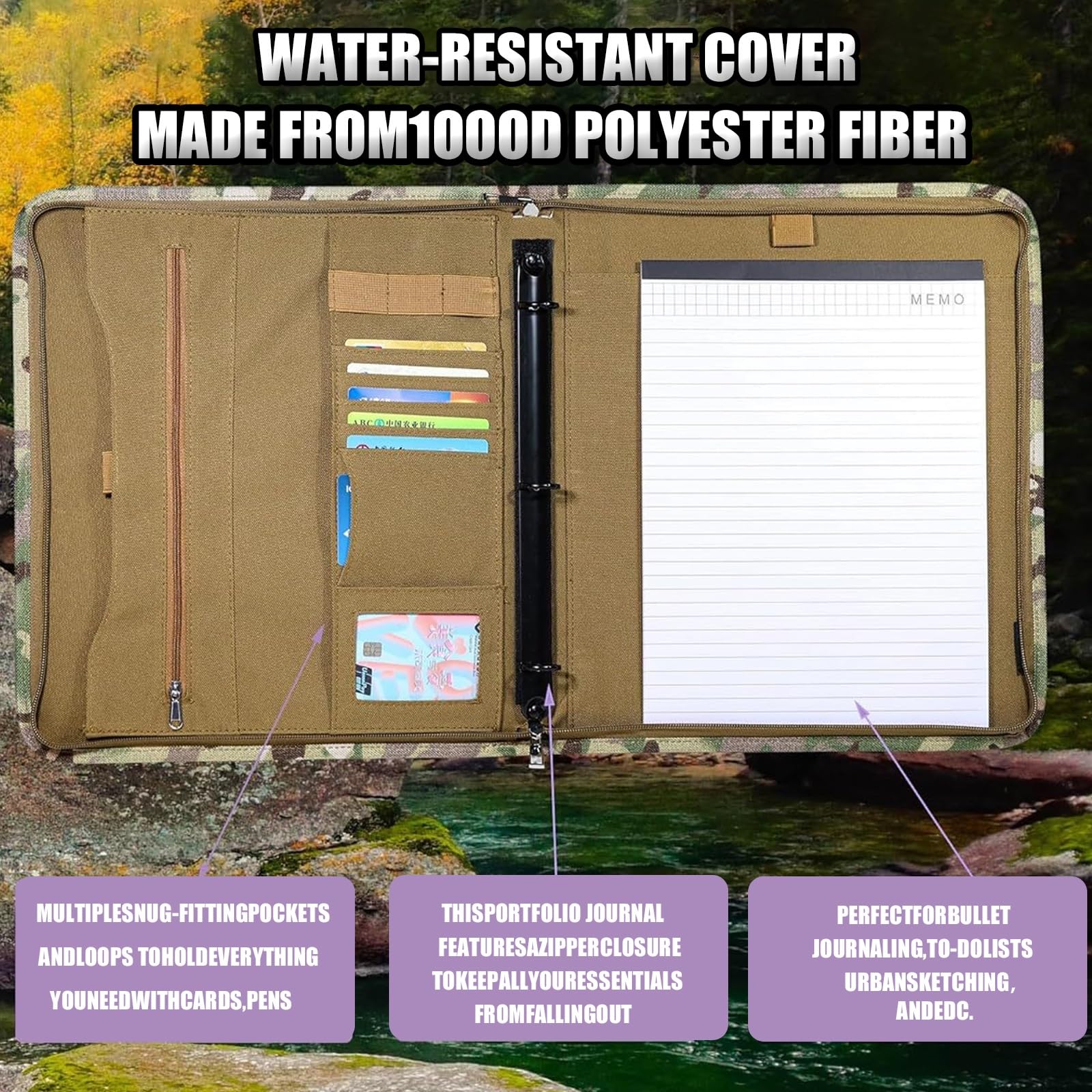 Carpeta Táctica A4 con Cremallera y 25 Hojas de Papel Tamaño Carta, Cubierta Tipo Cuaderno, Carpeta Desmontable de 3 Anillas