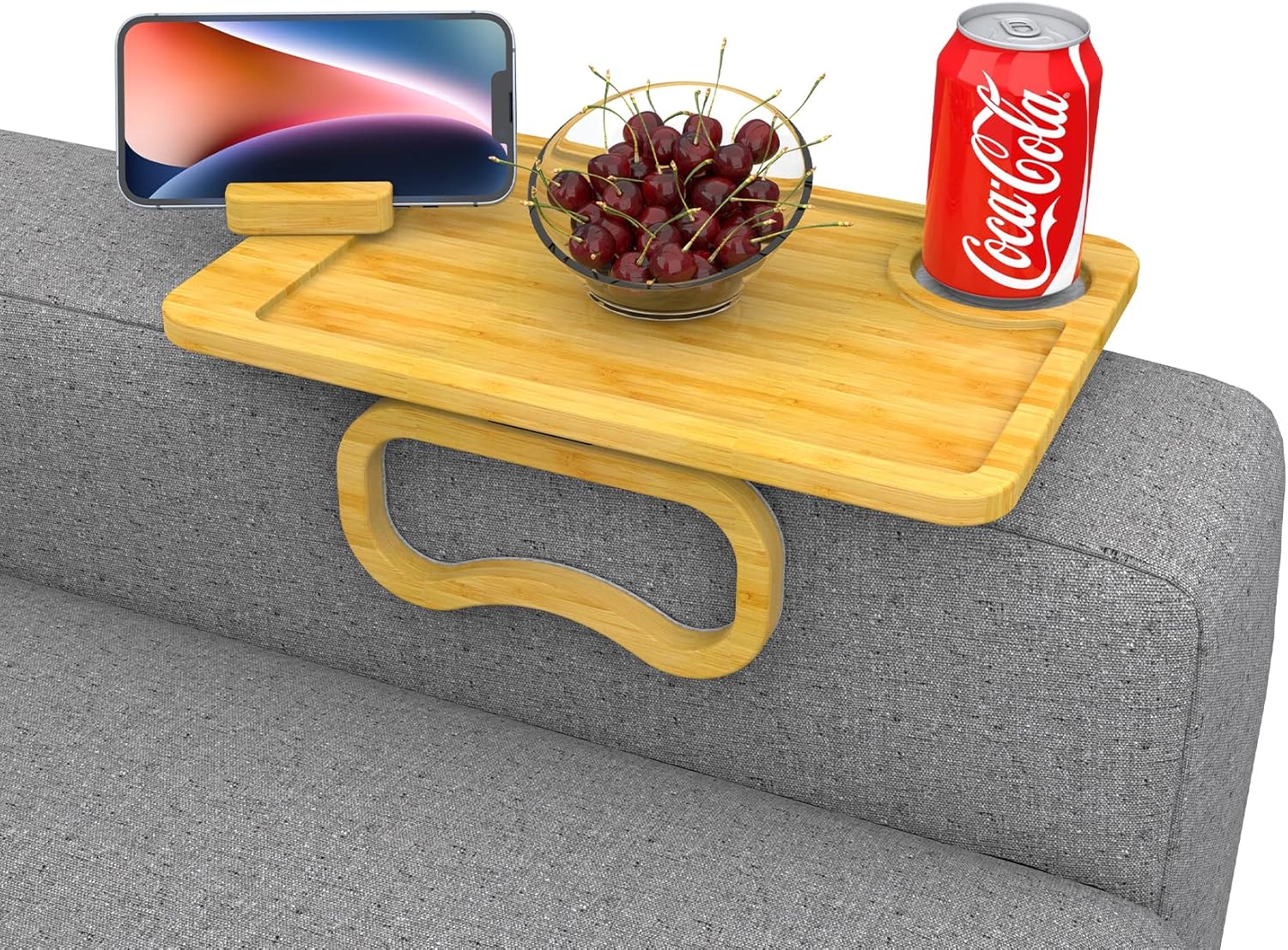 Bamboo Sofa Arm Tray Table with Rotating Mobile Holder(Nonslip Mat),Foldable Couch Armrest Tray