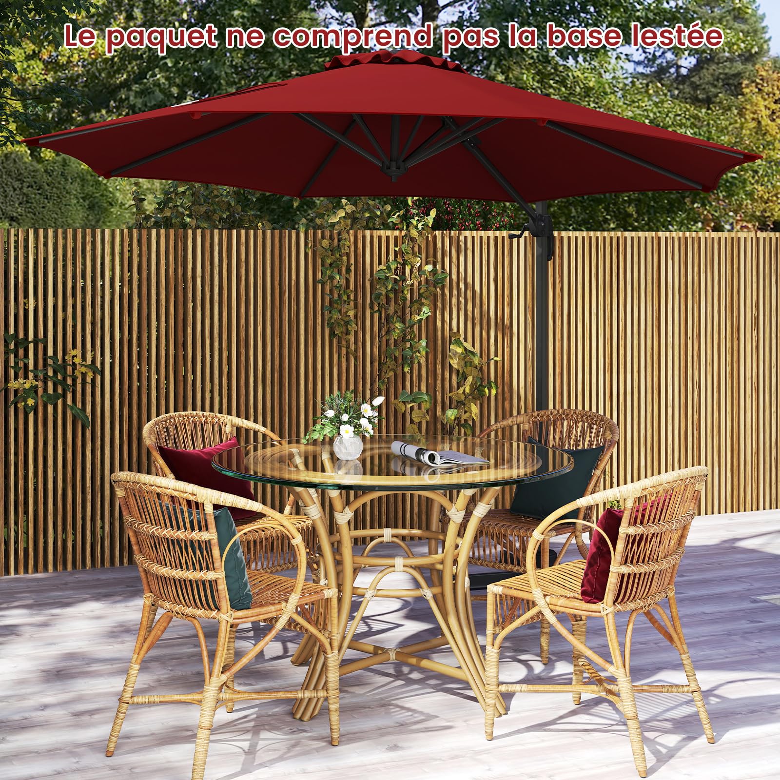 COSTWAY Parasol Déporté Professionnel 3M, Parasol de Jardin Exterieur avec Pied et Manivelle, Anti-UV, Pivotant à 360°, Inclinable, Poteau en Aluminium, pour Terrasse, Patio, Balcon (Bordeaux)