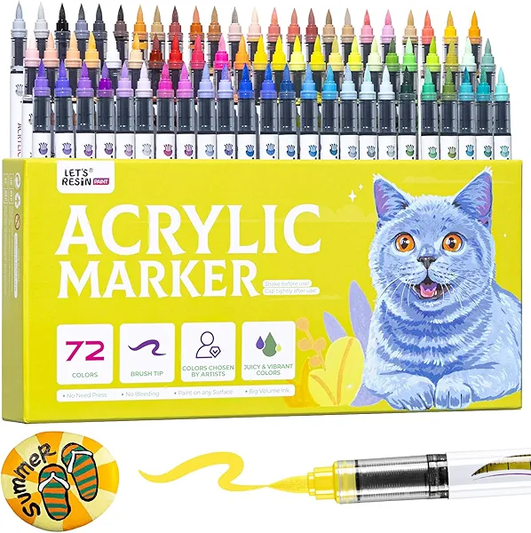 LET'S RESIN Acrylic Paint Markers Brush Tip 72 Colors,Automatic Ink Control Acrylic Paint Pens,No Bleed & Good Coverage Acrylic Markers for Coloring Books,Rock Painting,Canvas,Ceramic,Wood