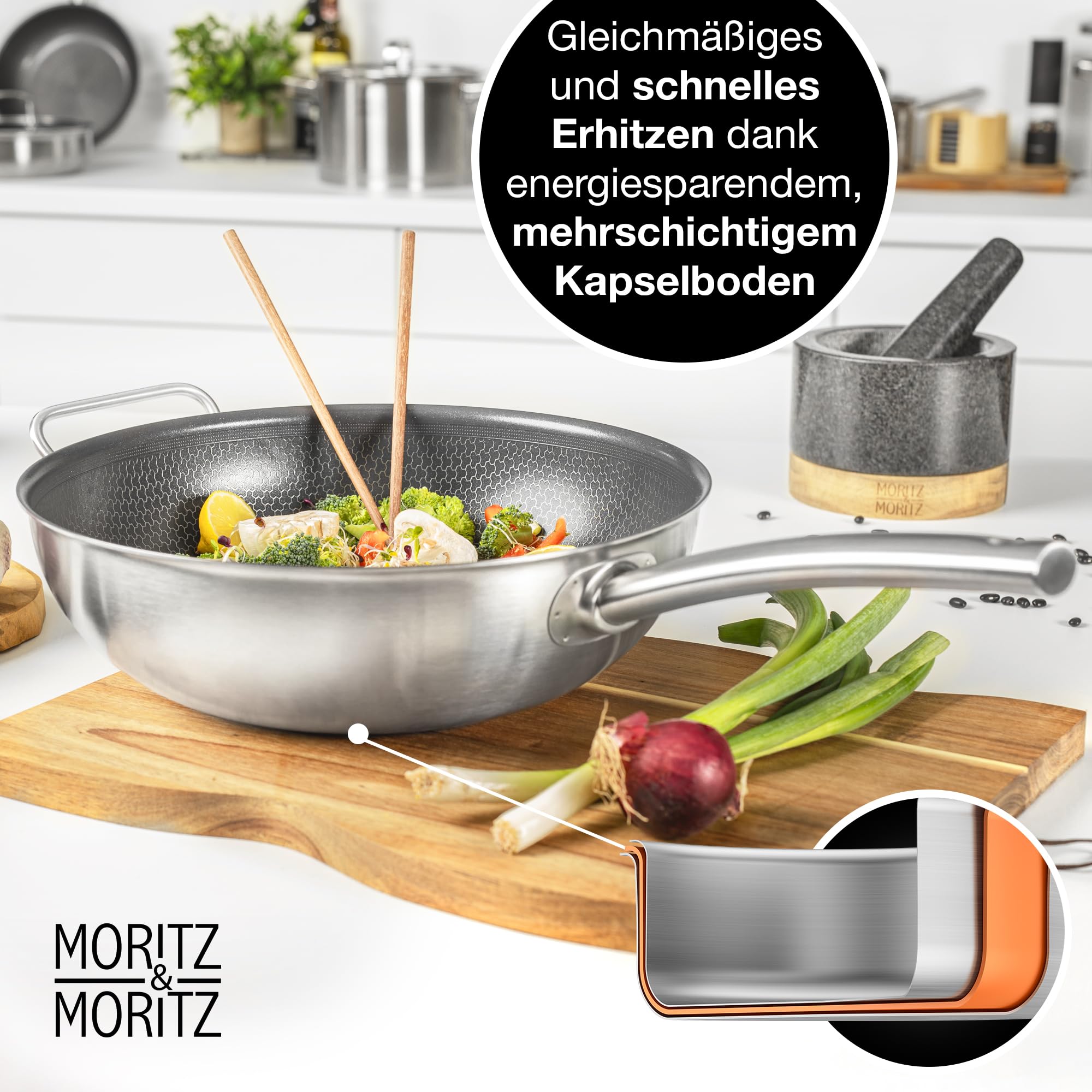 Moritz & Moritz Edelstahl Wokpfanne 30cm mit Keramikbeschichtung der neuesten Generation - für alle Herdarten geeignet - Antihaft Wok Wabenstruktur zum Kochen, Braten und Schmoren