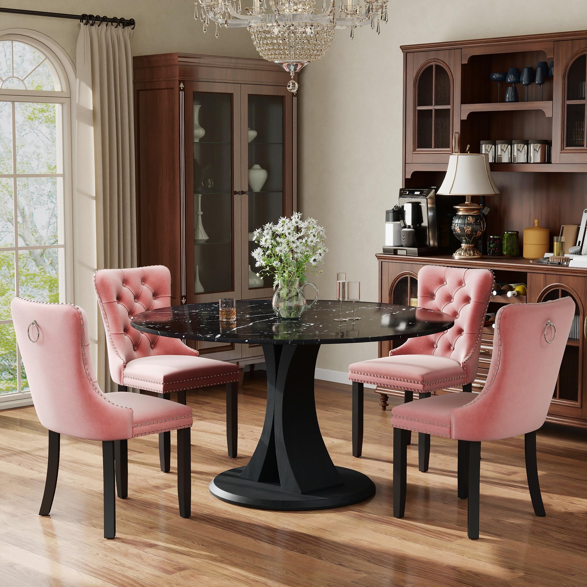 5-Piece Dining Table Set for 4 with 47 In Black Faux Marble Round Table
