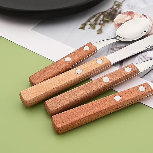 Miniatura 3 de Juego de cubiertos de 12 tenedores y cucharas, utensilios de cocina de acero inoxidable 188, diseño de mango de madera de pera natural, incluye 6
