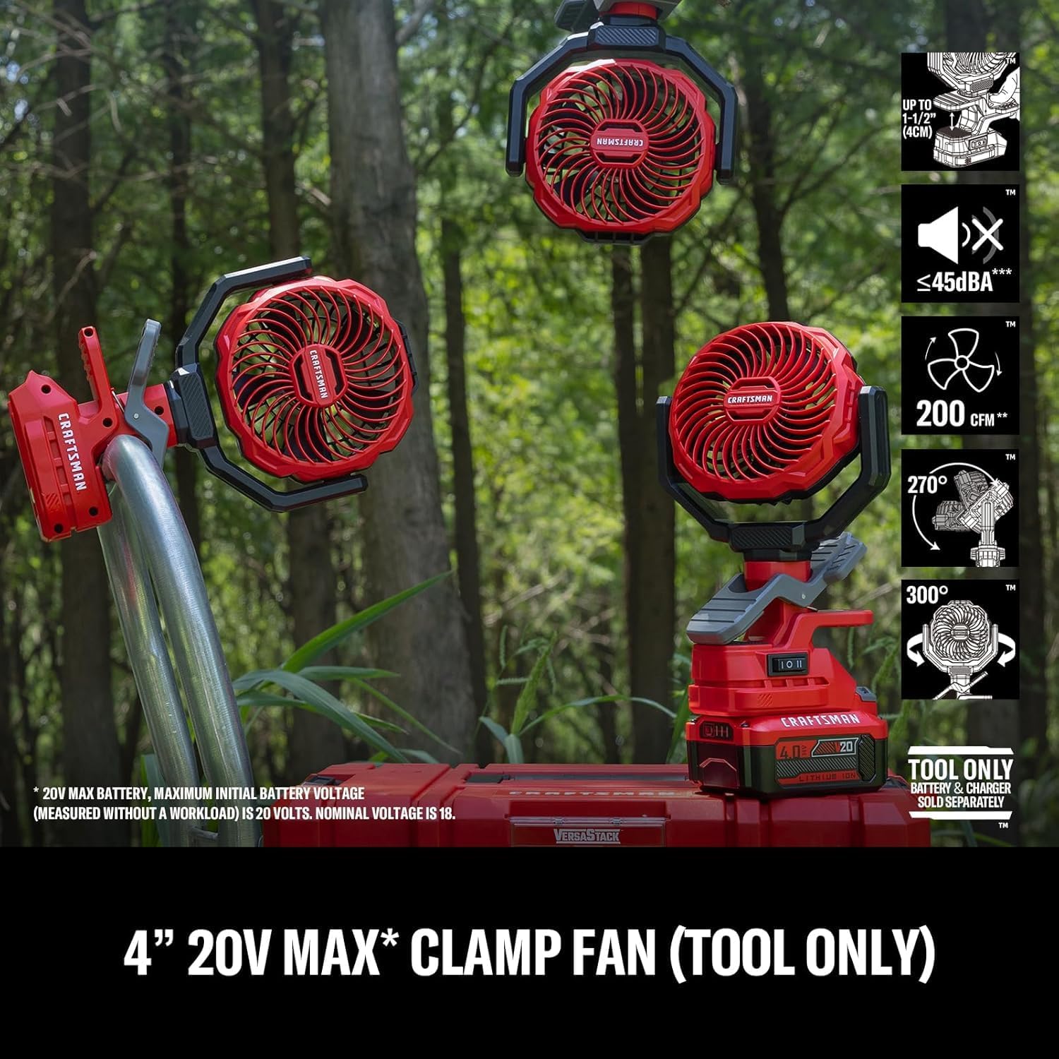 CRAFTSMAN Portable Clip on Fan Rechargeable, Small Personal Clamp Fan Battery Powered 4" 20V for Desk Table Stroller Home Office Car Outdoor Travel Camping Tent, CMXEFXA520402 (Tool Only)