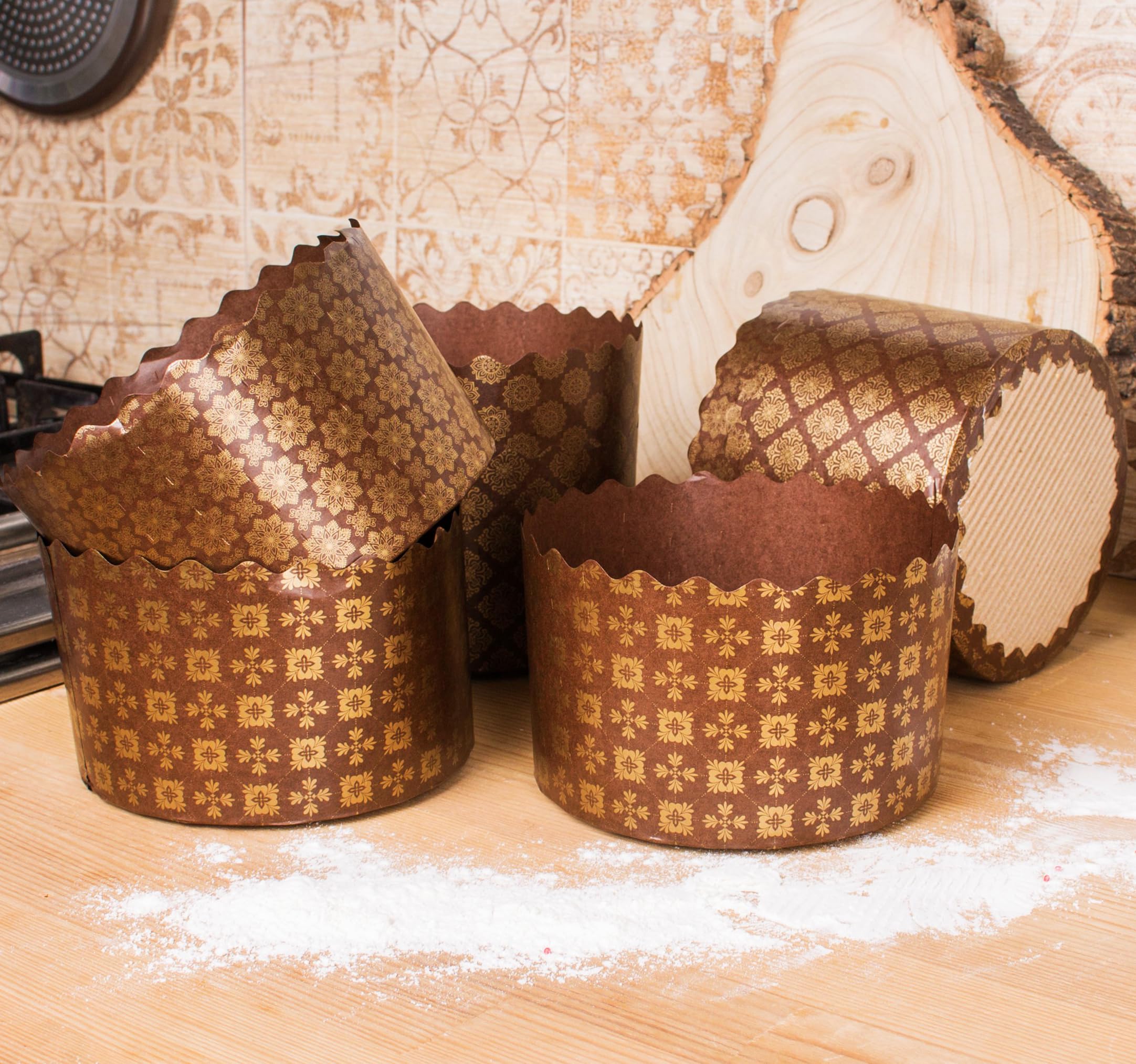 15 oz Panettone Paper Mold Standard | 12 Pack | Round Non Stick Panettone Paper Baking Molds Kulich Paska Pascha Brown Design