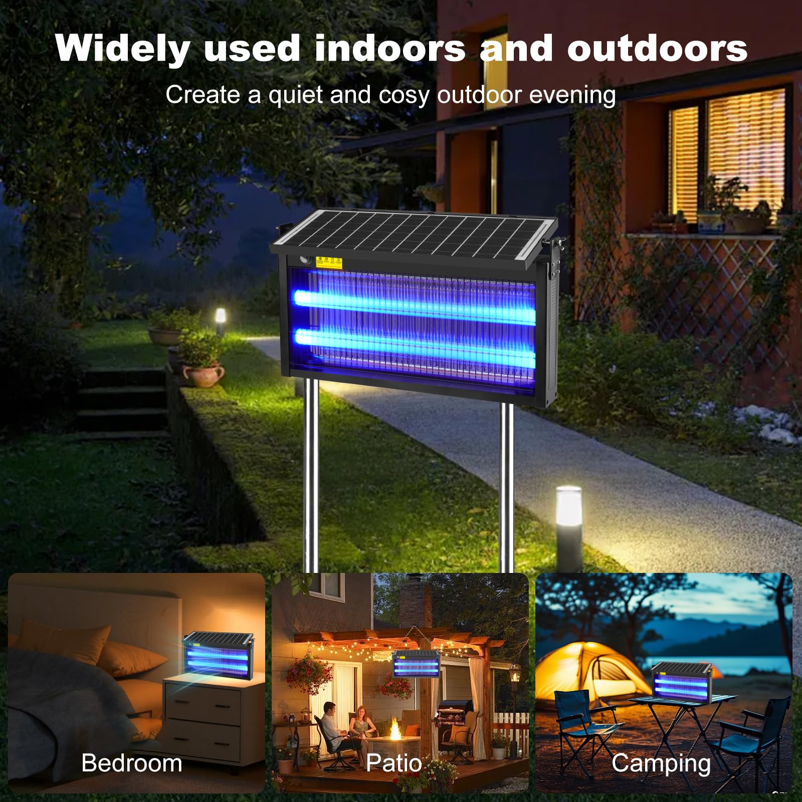 Solar Insektenvernichter - 15W 4500V Elektrischer Insektenvernichter Solar mit 6000mAh Akku Wasserdicht IP65, Mückenschutz Mit LED-Licht für Terrasse, Garten, Camping Innen und Außenbereich
