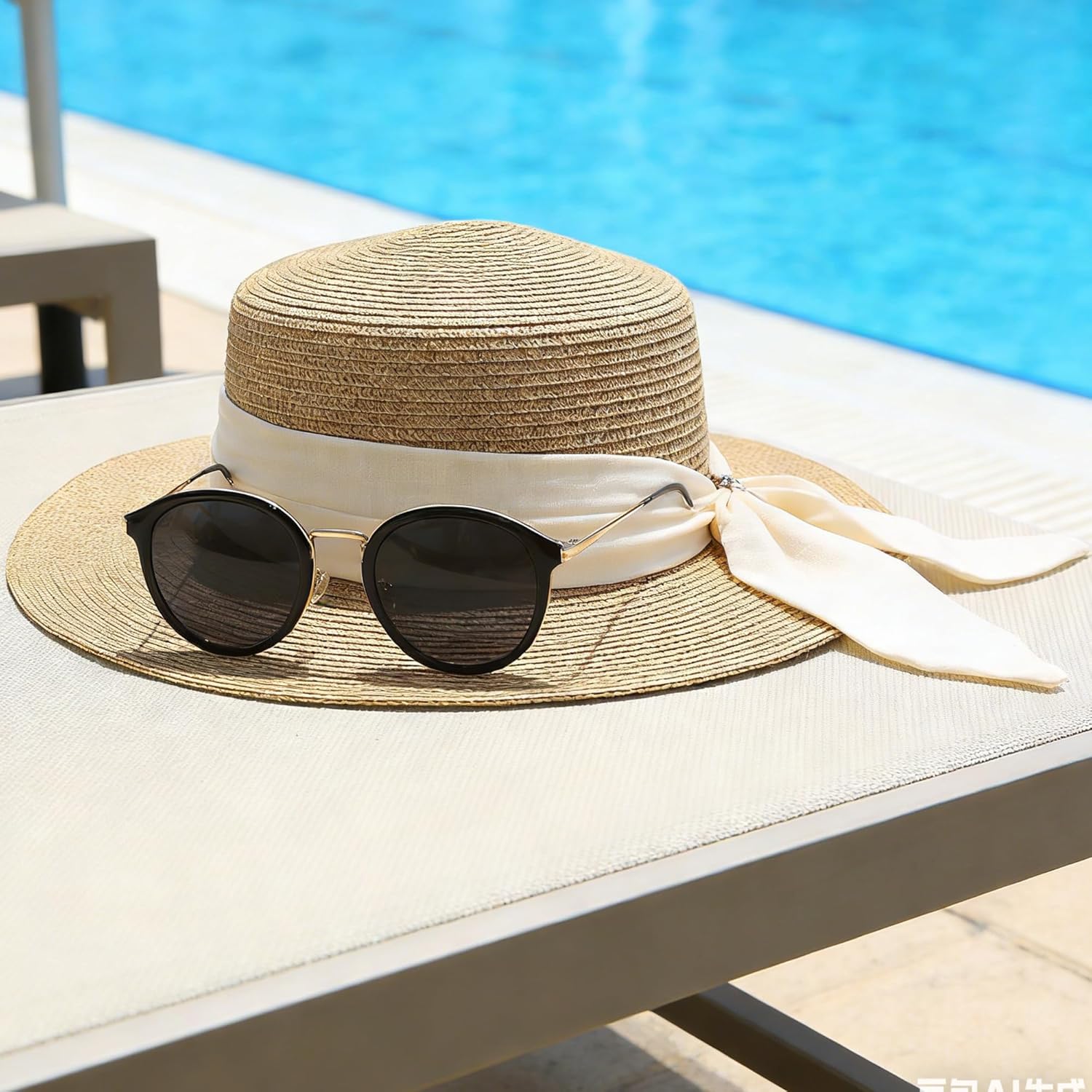 Holiday Straw Beach Hat for Womens Wide Brim Bow Ribbon Boater Hat Flat Top Classic Sun Hats for Summer Small/Medium - Image 6