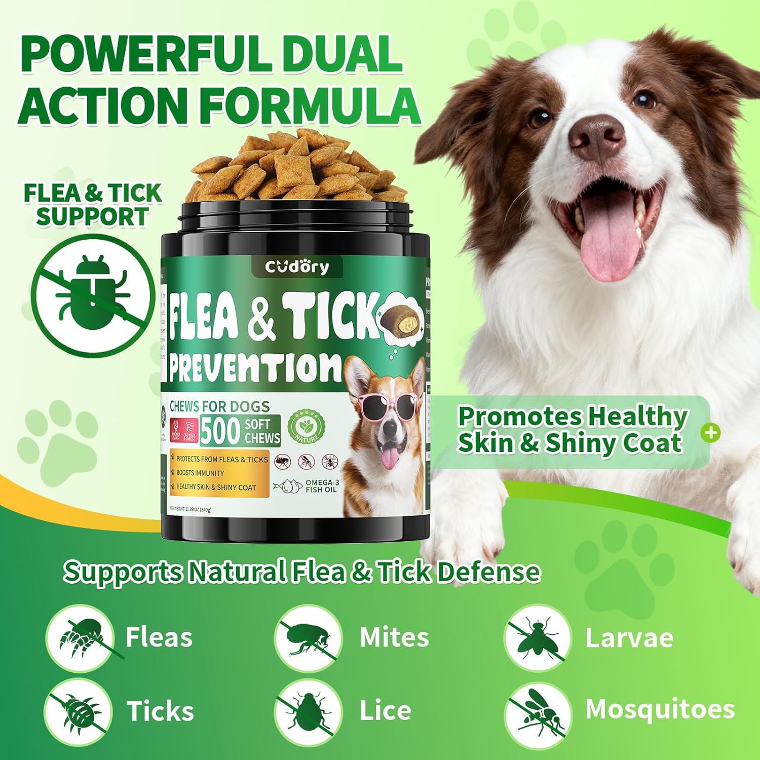 Flea and Tick Prevention for Dogs Chews- 500 Crunchy & Creamy Chews, Dogs Flea Chewables with Skin & Coat Support - Oral Supplement for All Breeds & Ages - Chicken & Cheese Flavor - Image 3