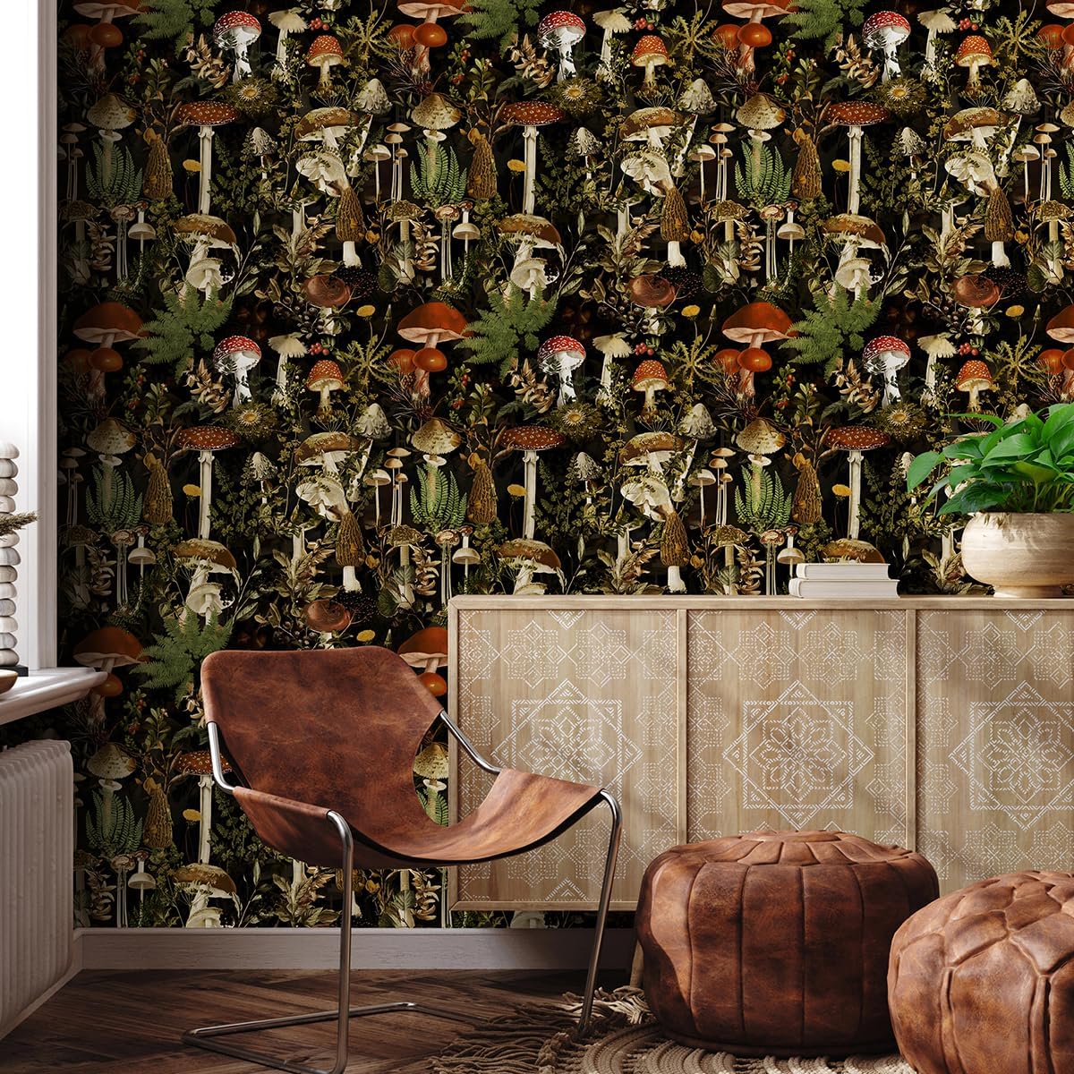 Jeweluck Floral Peel and Stick Wallpaper - Mushroom Contact Paper 17.7 in x 48.4 ft - Removable Forest Flower Design for Bathroom - Black Decorative Vinyl