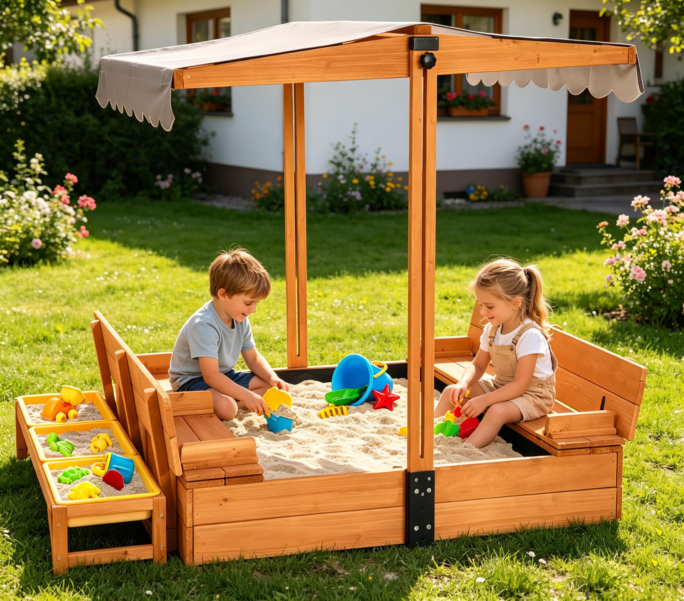 Aivituvin Kinder Sandkasten mit Abdeckung, 120x120x132cm Holz Deckel sandkiste mit aufziehbarer Dach, faltbaren Sitzbänken für draußen mit Aufbewahrungsbox