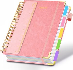 Hardcover Spiral Notebook 8"x10" Journal Notebook with Tabs and Removable Dividers 300 Pages 5 Subject Notebook College Ruled, Faux Leather Spiral Bound Notebook for Women School Work (Pink)