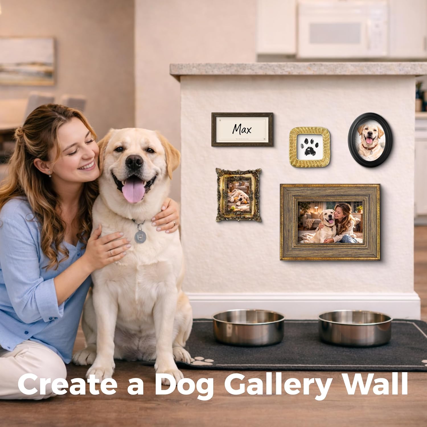 Dog Picture Frames 4x6 Set of 5, Dog Photo Frame for Wall, Vintage Picture Frames, Writable Name Plate Frame, Gallery Wall Decor Frames, Pet Lover Home Decor