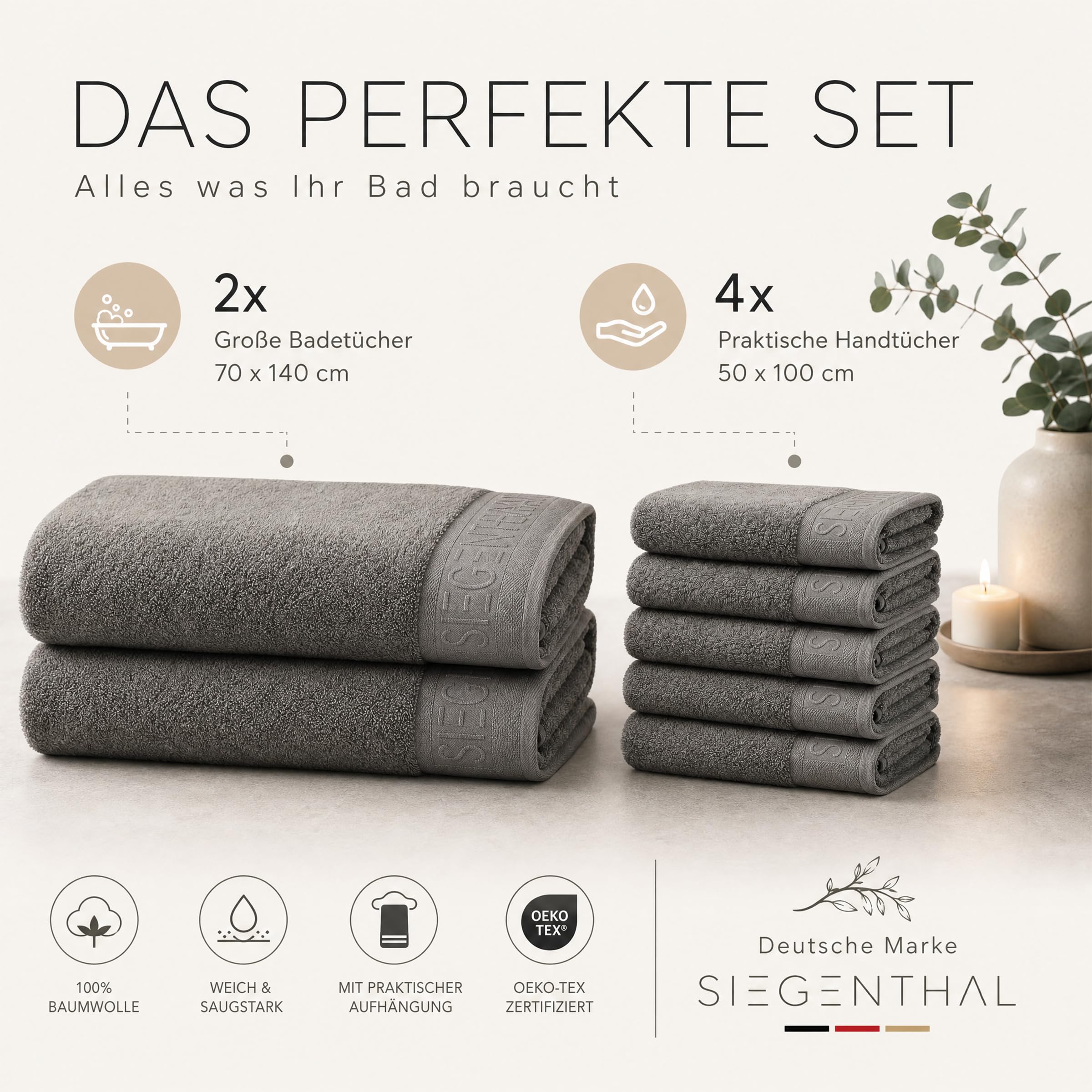 Juego de toallas suaves y absorbentes para baño y cocina, color gris oscuro