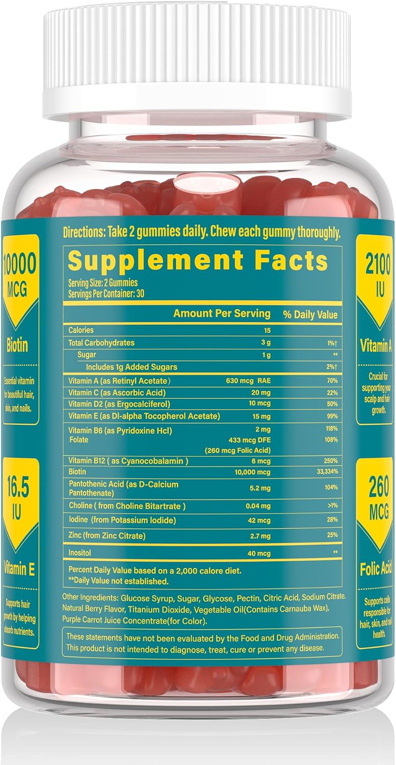 Biotin Gummies -Hair Skin and Nails Vitamins for Men & Women, Vegan Vitamin B7, Supports Hair Growth and Stronger Nails,30 Day Supply-Strawberry-60 Counts