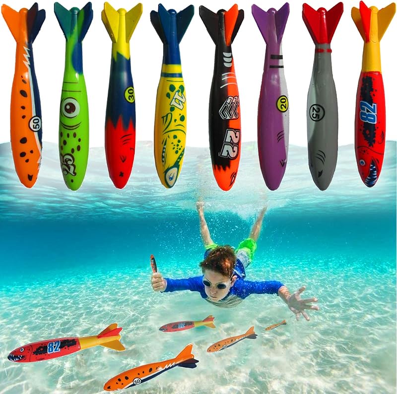 Pool Diving Toy Set – Sinking Torpedoes for Kids & Adults | Fast-Sinking Pool Torpedo Rockets for Swim Training, Underwater Games & Water Play (Set of 8 Pieces)