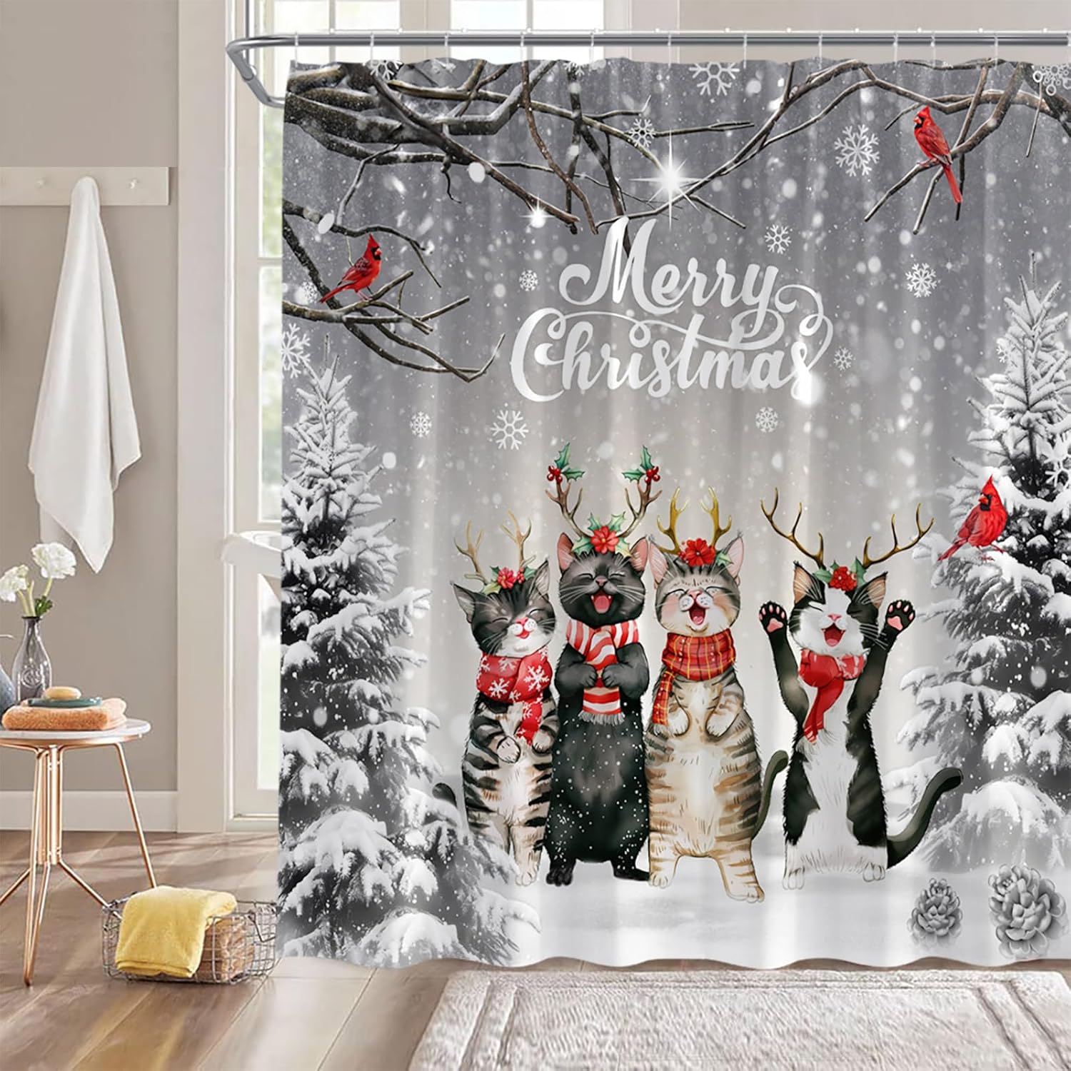 Christmas Cat Extra Long Shower Curtain Funny Kittern Xmas Tree Snowflake Winter Animal Gray Red Fabic with Hooks for Bathroom Decor,70x78 Inch