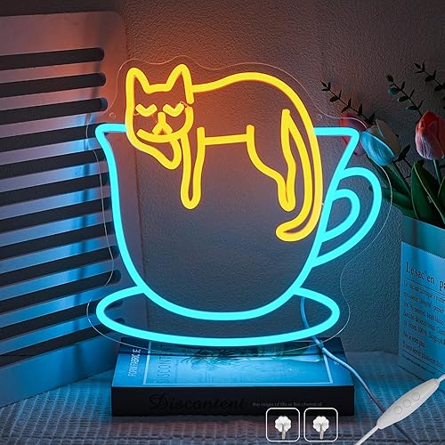 Miniatura 1 de Letrero de neón de gato de café para decoración de pared, luz de neón regulable para negocios, letrero de luz LED de café alimentado por USB para