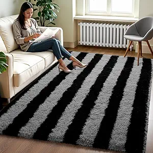 Zentavio Area Rugs for Living Room Rugs for Bedroom 4x6 Carpet Fluffy Fuzzy Soft Shag Aesthetic Plush High Pile Gray Throw Rug for Nursery Kids Room Dorm Horizontal Stripes Black Grey