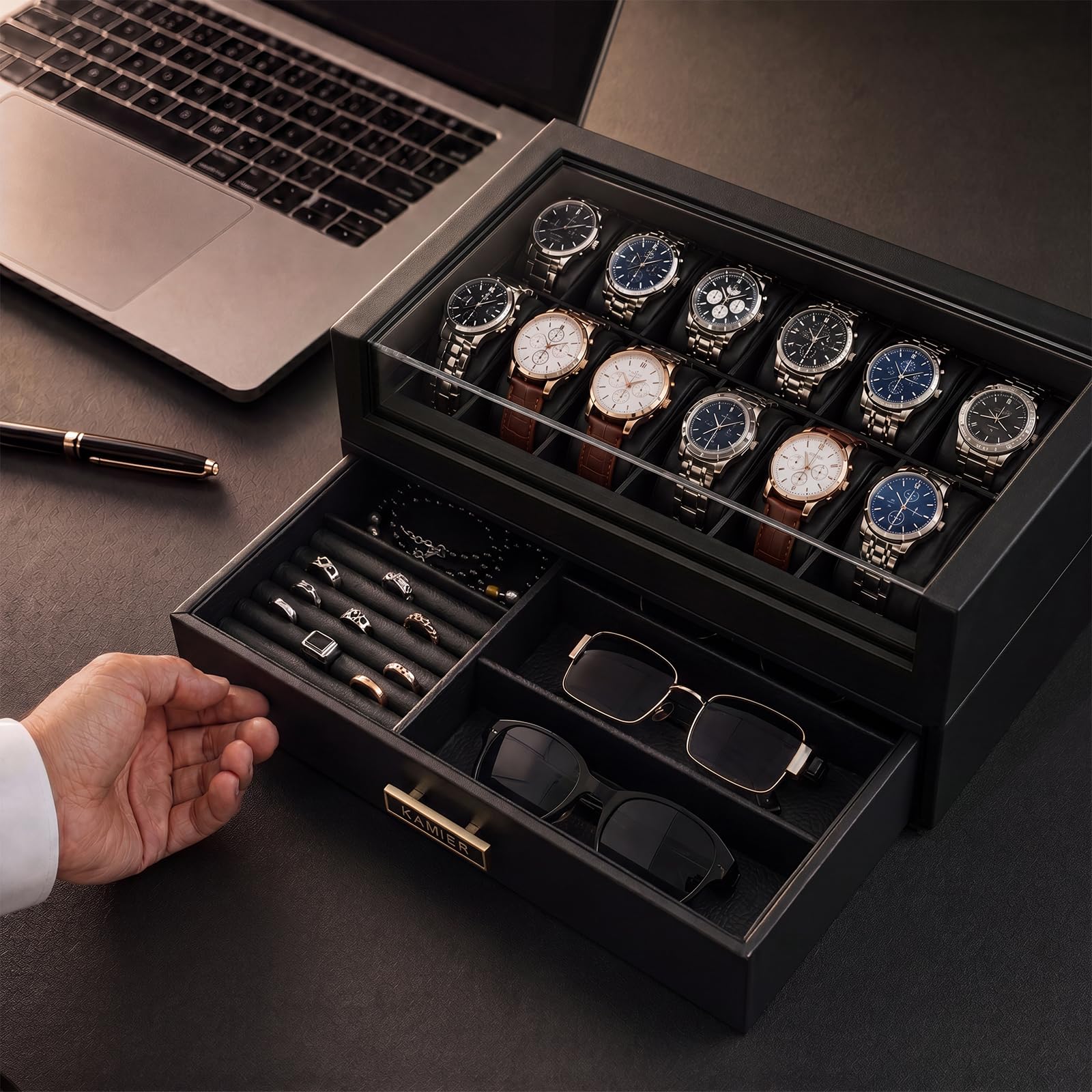 Caja de reloj de madera 12 ranuras con cajón, exhibición con tapa de cristal, soporte 2 capas para almacenamiento de joyas