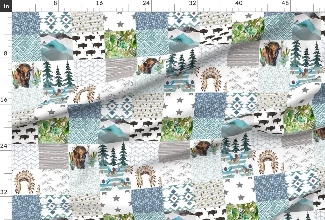 Spoonflower Fabric - Boys Boho Buffalo Wholecloth Cheater Quilt Top Brown Blue Woodland Printed on Chiffon Fabric by The Yard - Sewing Fashion Apparel Dresses Home Decor