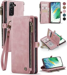 Defencase Samsung Galaxy S21 FE Case, Galaxy S21 FE 5G Case Wallet for Women Men, Durable PU Leather Magnetic Flip Lanyard Strap Wristlet Zipper Card Holder Wallet Case for Samsung S21 FE, Rose Pink