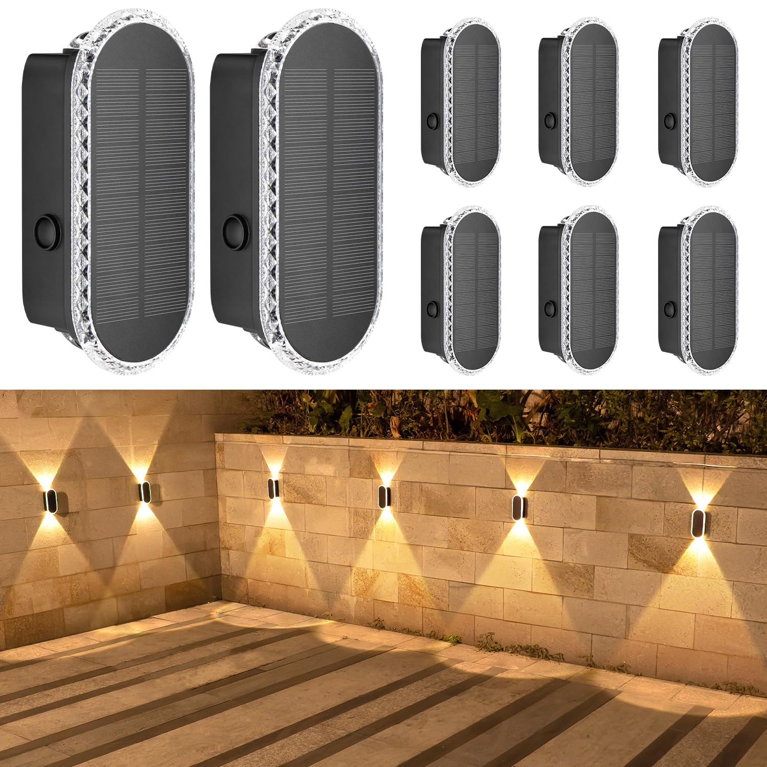 HAMLITE Solar Fence Light for Garden: Weatherproof Dual Direction Lighting, 8 Packs Adjustable 3 Modes