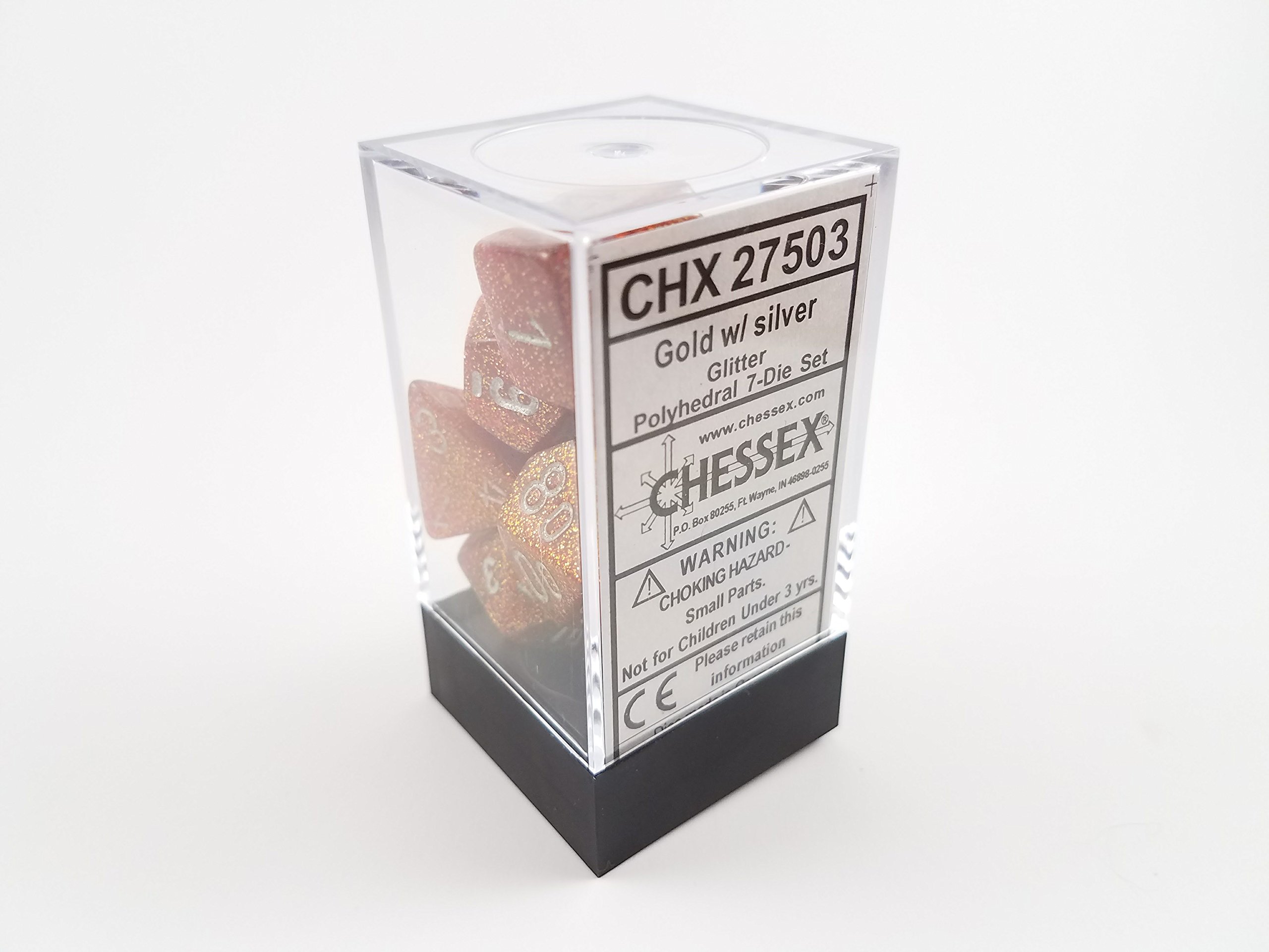 Polyhedral 7-Die Glitter Chessex Dice Set - Gold with Silver Numbers by Chessex
