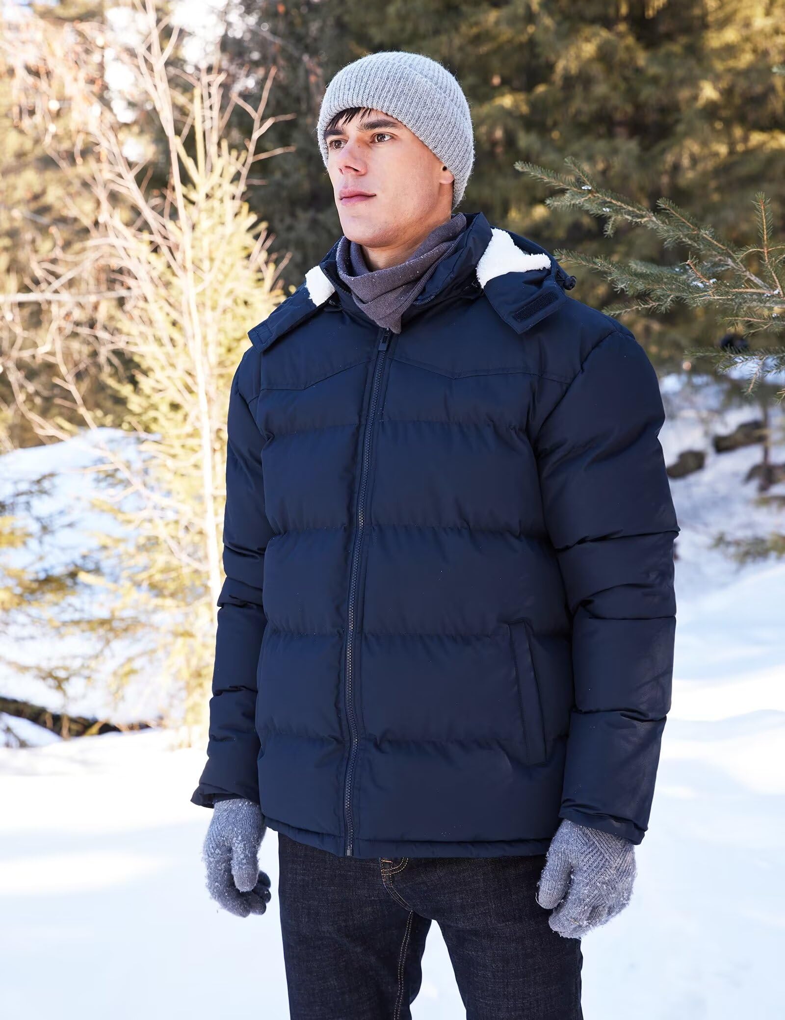 BEST SOUTH Chaqueta acolchada de invierno con capucha para hombre, de forro polar, cálido, con burbujas, ropa exterior para clima frío