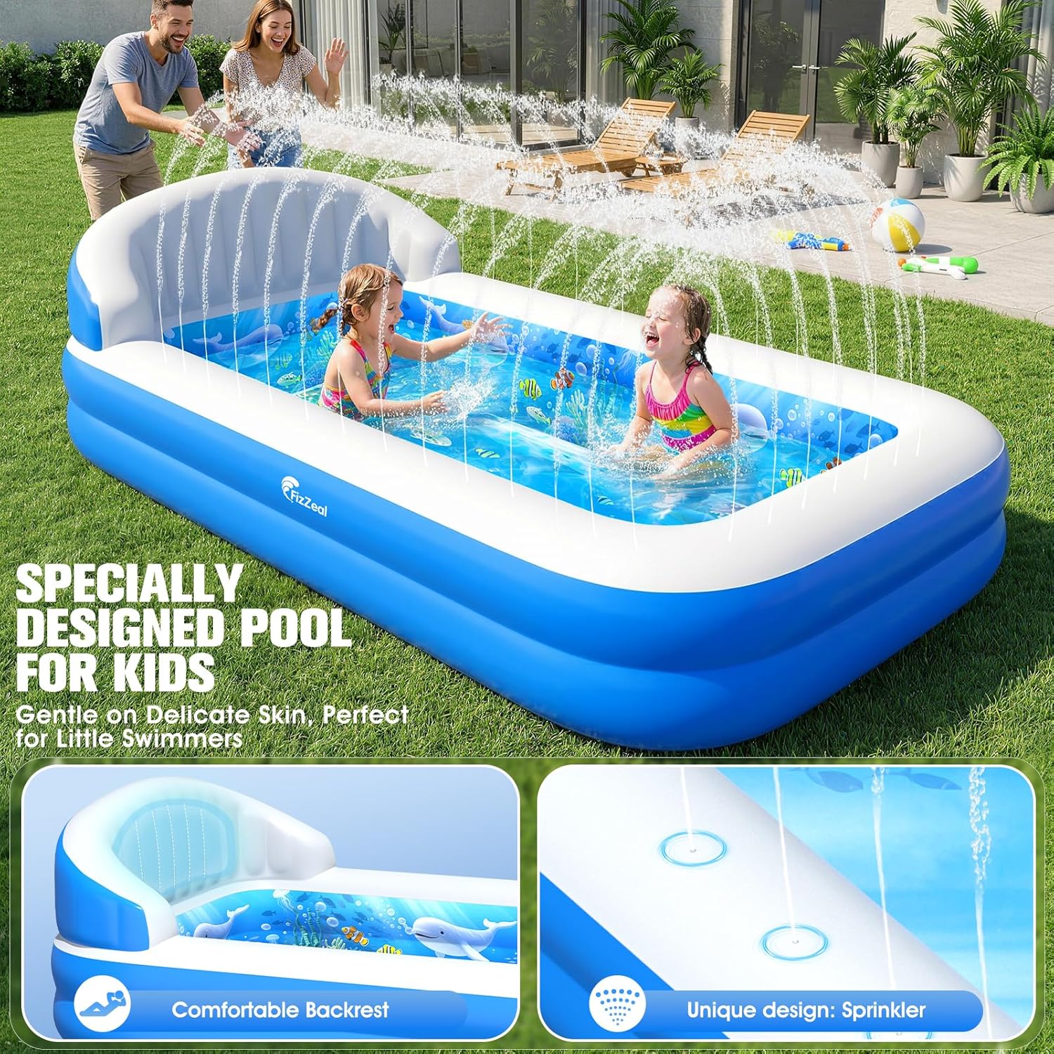 FizZeal Kiddies Pool,Inflatable Pools with Sprinkler,Inflatable Pool with Big Backrest for Toddlers,Rectangle Kids Pool Backyard,Kids Swimming Pool,Small Inflatable Pool, Outdoor Water Pool for Kids-S