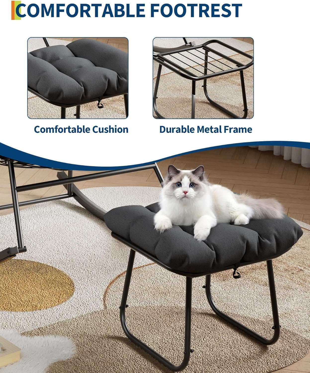 Garvee Mecedora Papasan Grande para Uso en Exteriores: Silla Huevo de Ratán Tejida a Mano, Estructura de Metal Resistente, Incluye Cojín de Secado Rápido, Resistente a La Intemperie y Cómoda, Gris