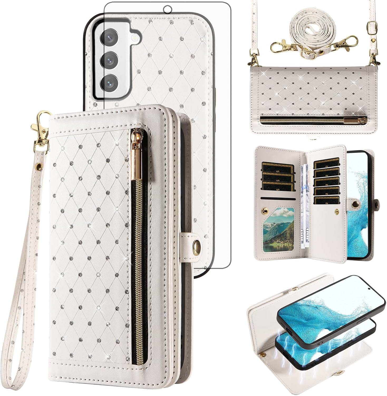 Asuwish Phone Case for Samsung Galaxy S22 5G Zipper Wallet Detachable Cell Cover with Tempered Glass Screen Protector Crossbody Strap Bling Flip Credit Card Holder S 22 22S 4G G5 6.1 inch Women White