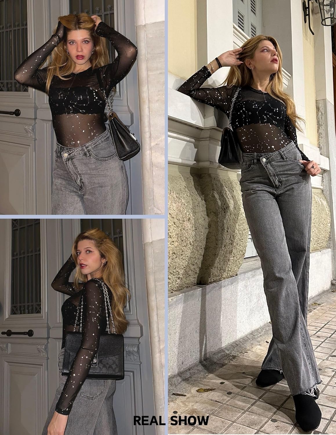 Avidlove Womens Mesh Long Sleeve Bodysuit Round Neck Sheer Leotards Geo Print Bodysuit Top with Snap Crotch - Image 3