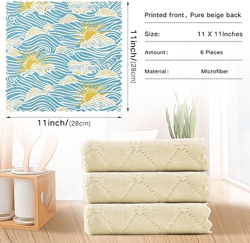 Miniatura 3 de Retro Sky Sun Waves Towels for Drying Dishes 6 Pack Cotton Hand Towels for Kitchen Decorations Tallas para ropa 11x11in