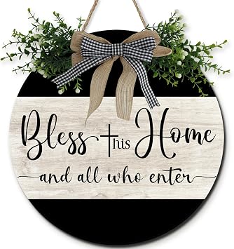Bless This Home And All Who Enter Decorations Door Signs for Farmhouse Wall 12in, Wooden Rustic God Decorations Wall Art, Rustic Welcome Signs for Front Door Porch