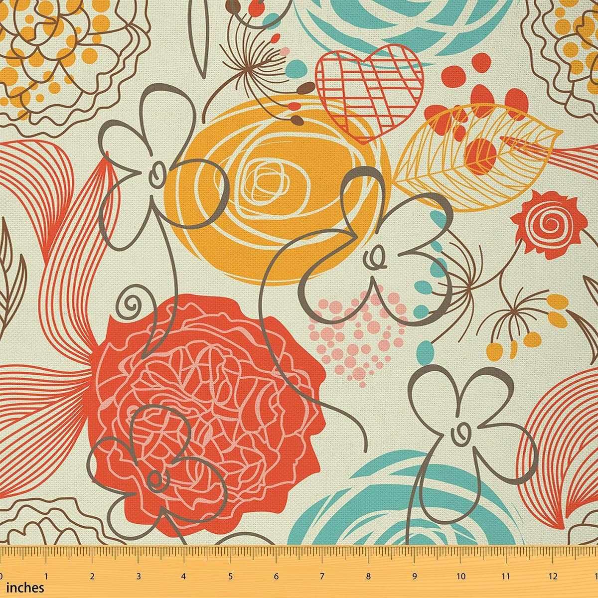 Abstract Flowers Fabric by The Yard,Tribal Exotic Dandelion Graffiti Upholstery Fabric,Colorful Vintage Floral Sketch Decorative Fabric for Quilting Sewing DIY Craft Patchwork Clothing,1 Yard