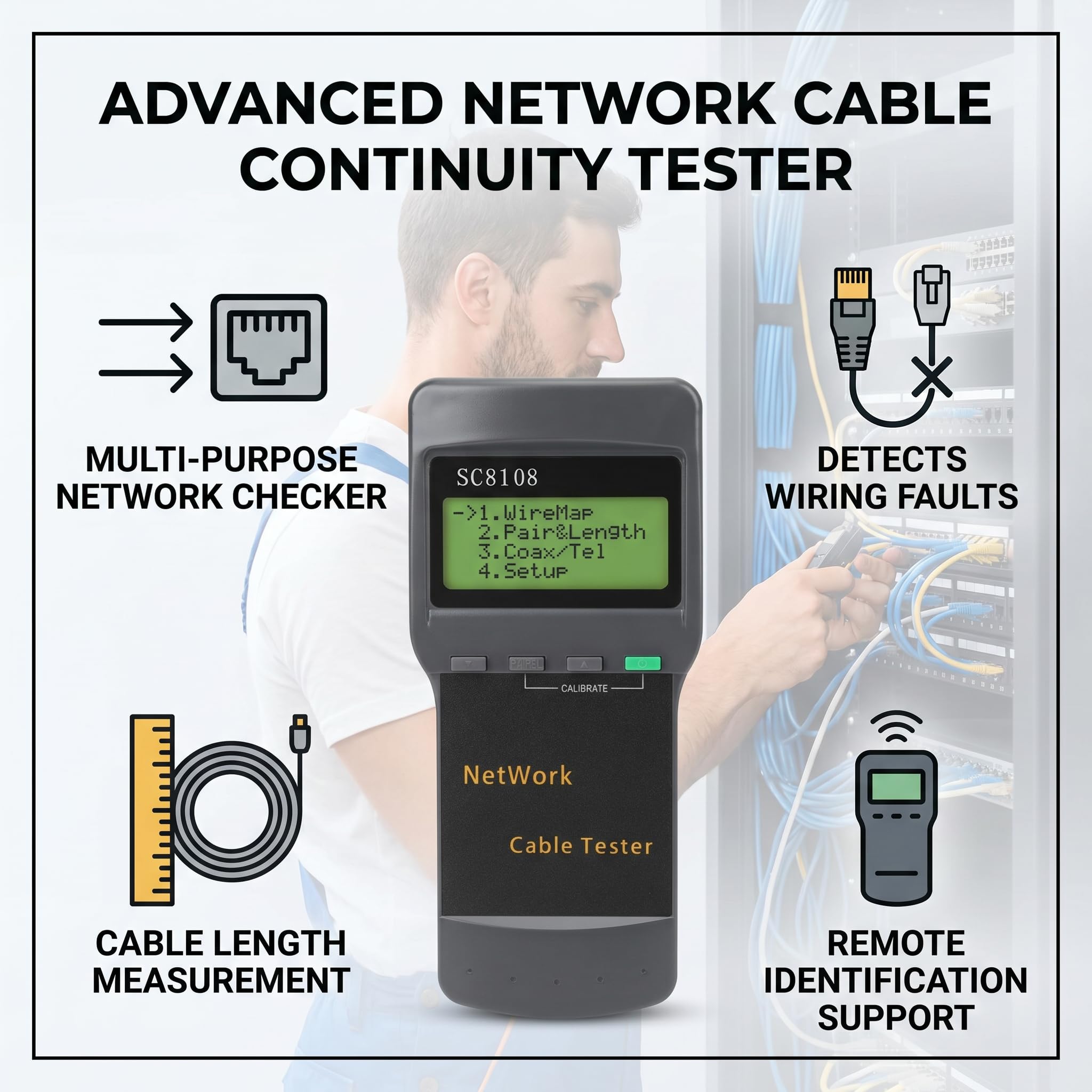 SC-8108 Verificador de Cable de Internet Probador de Continuidad Detección de Longitud de Punto de Ruptura 1350M Probador de Cable de Red Proyectos de Telecomunicaciones para