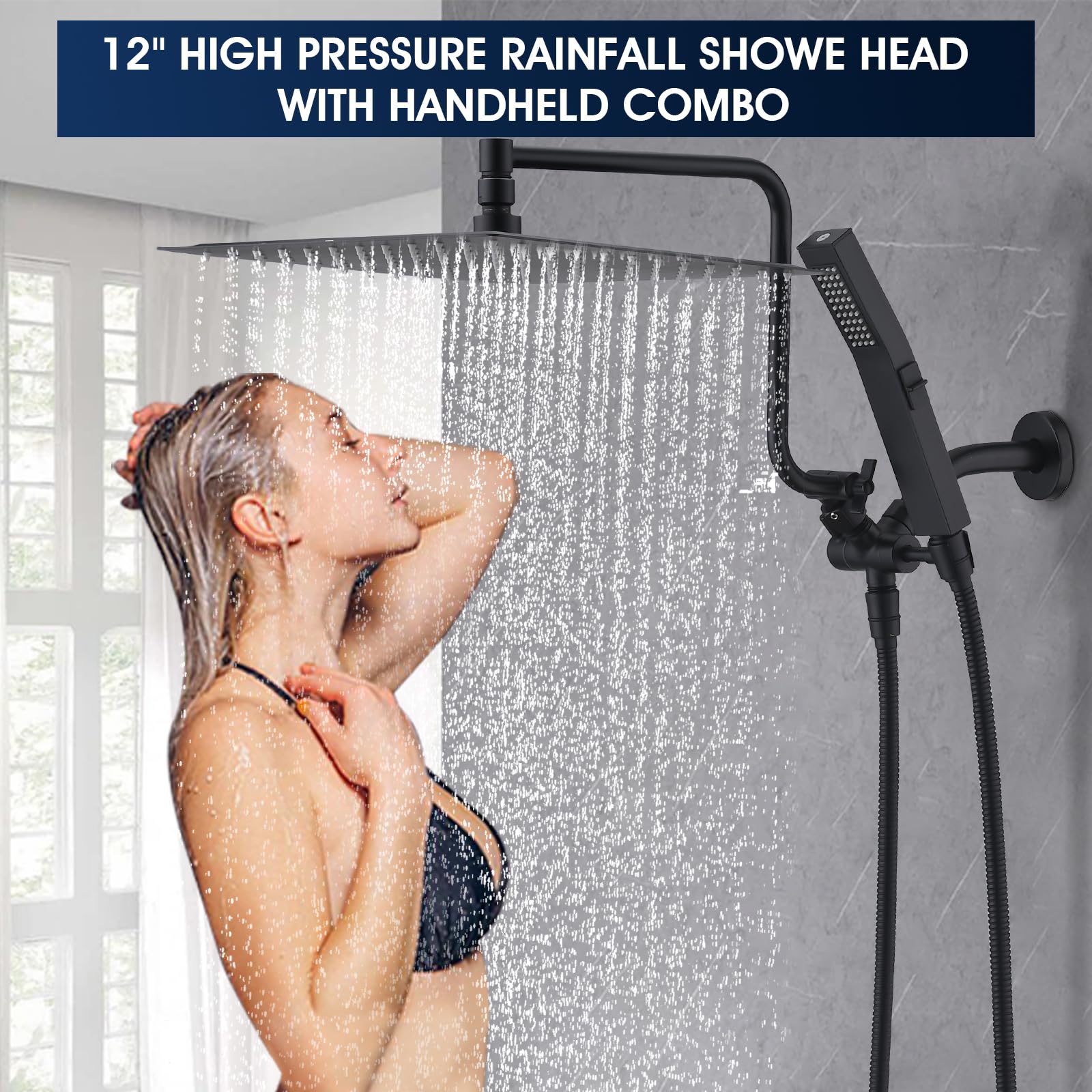 PDPBath Regenduschkopf Aus Metall Mit Handbrause – 30,5 Cm, Hochdruck, Verstellbarer Arm, 200 Cm Schlauch, Gebürstetes Nickel