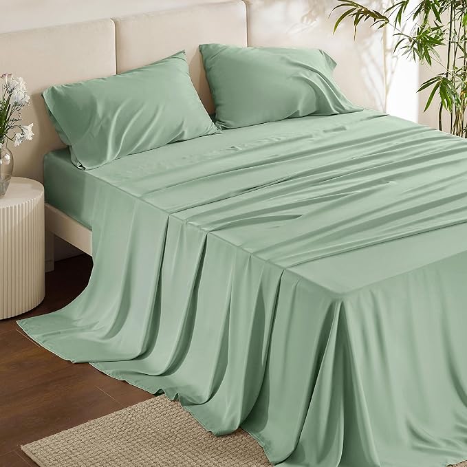 Bedsure King Size Sheets Set, Cooling Sheets for Hot Sleepers, Rayon Derived from Bamboo, Breathable & Soft, Deep Pocket Up to 16 Inches, Hotel Luxury Silky Bedding, Sage Green