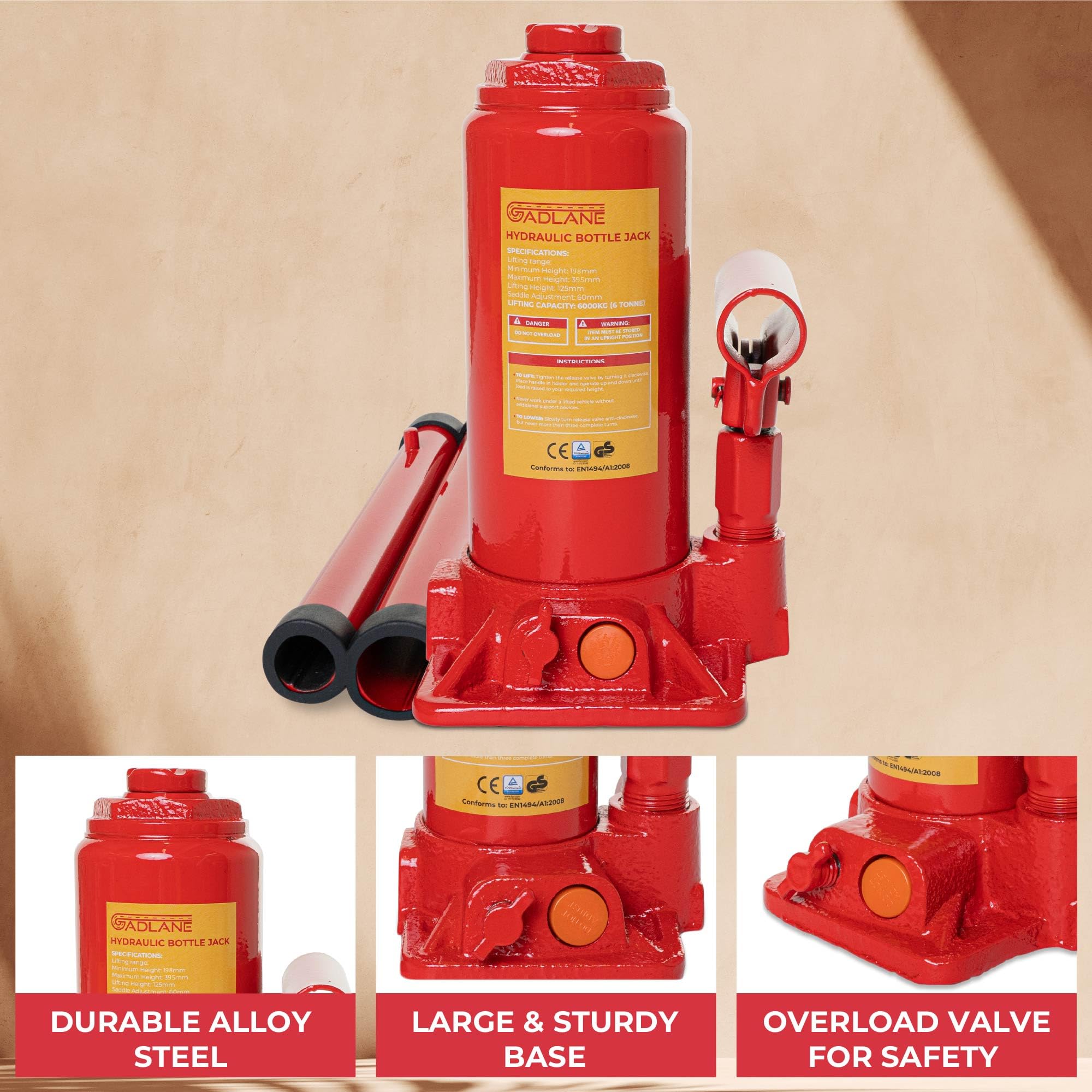 GADLANE Gato hidráulico para Botella de 6 toneladas, Acero aleado Resistente, válvula de sobrecarga de Seguridad, Mango de Ajuste rápido, para Coches Grandes, Furgonetas, autocaravanas