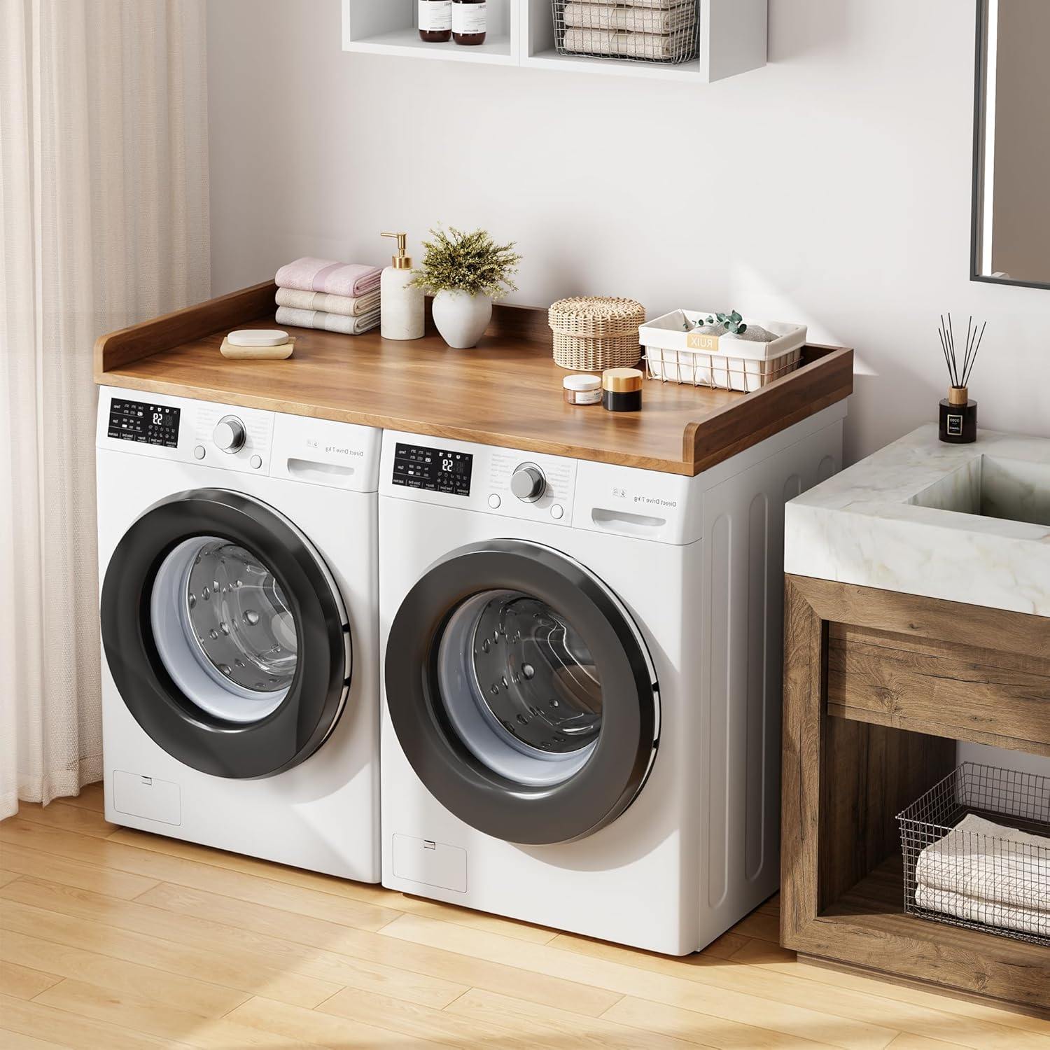 Washer Dryer Countertop, 54.3" x 27.6" Wooden Laundry Countertop with Edge Rails, Washer and Dryer Topper for Laundry Room Organization and Storage