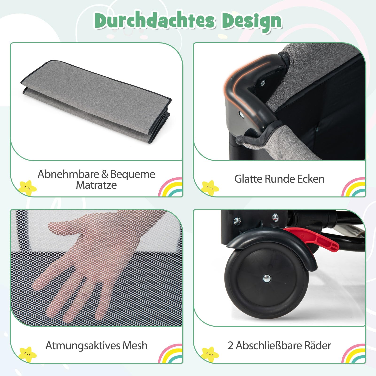 DREAMADE 5 in 1 Reisebett Baby, 120 x 60cm Beistellbett mit Matratze & Wickeltisch, Spieluhr & Spielzeug, höhenverstellbares Babybett für Baby ab Geburt(Dunkelgrau)