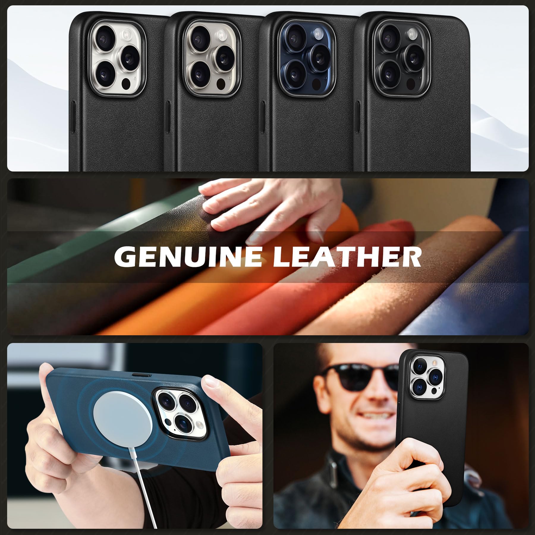 SHIELDON Funda para iPhone 15 Pro, Funda de Cuero Genuino a Prueba de Golpes [Antideslizante][Antiarañazos] Funda de Carga Inalámbrica Magnética Compatible con iPhone 15 Pro - Negro