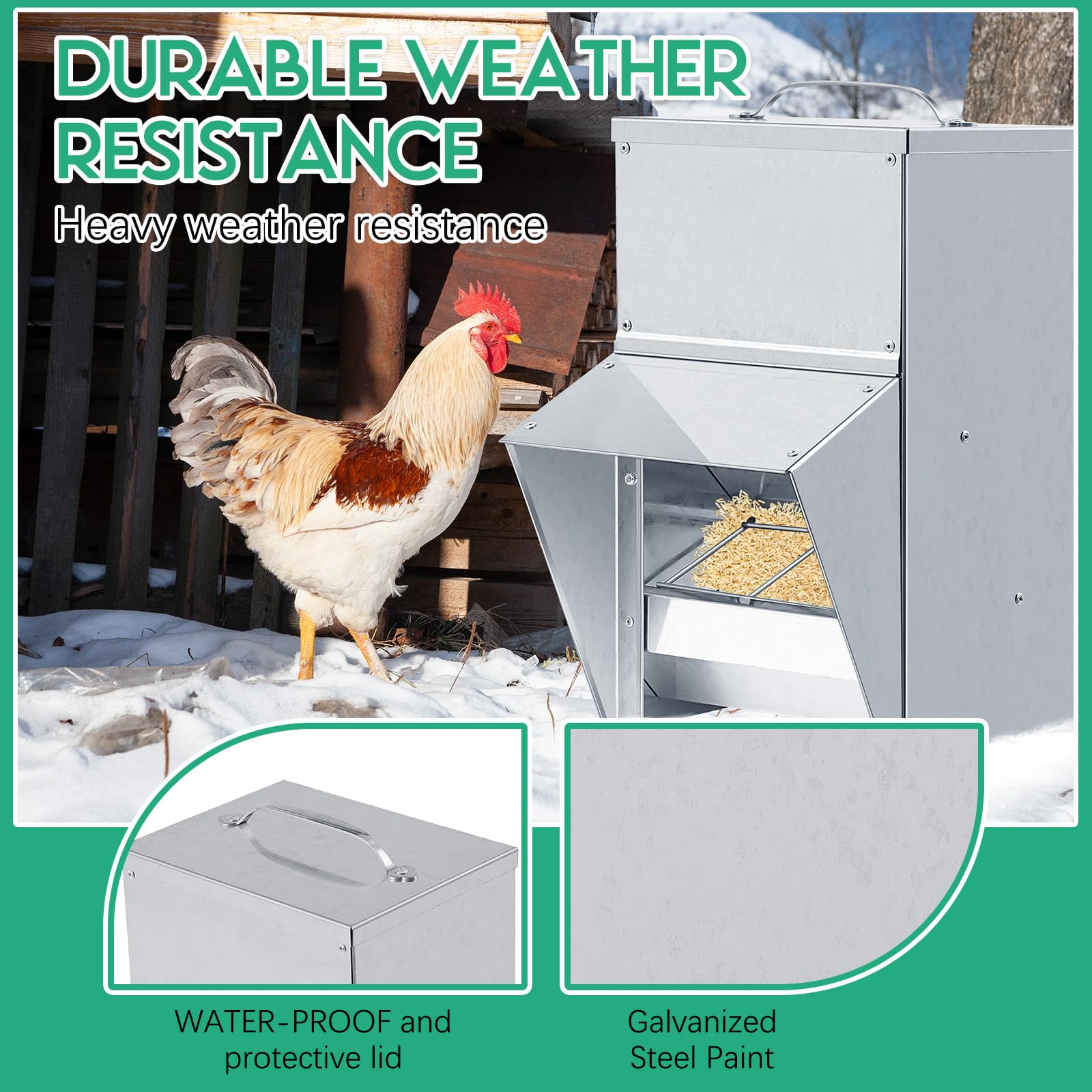 Uiifan 2 comederos galvanizados para pollos resistentes a la intemperie, dispensador de alimentos para aves de corral con tapa, dispensador de alimentos para pollo, alimentador de patos, comedero de