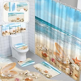 8 Pcs Summer Beach Shower Curtain Set Bathroom Decor Sea Ocean Waterproo...