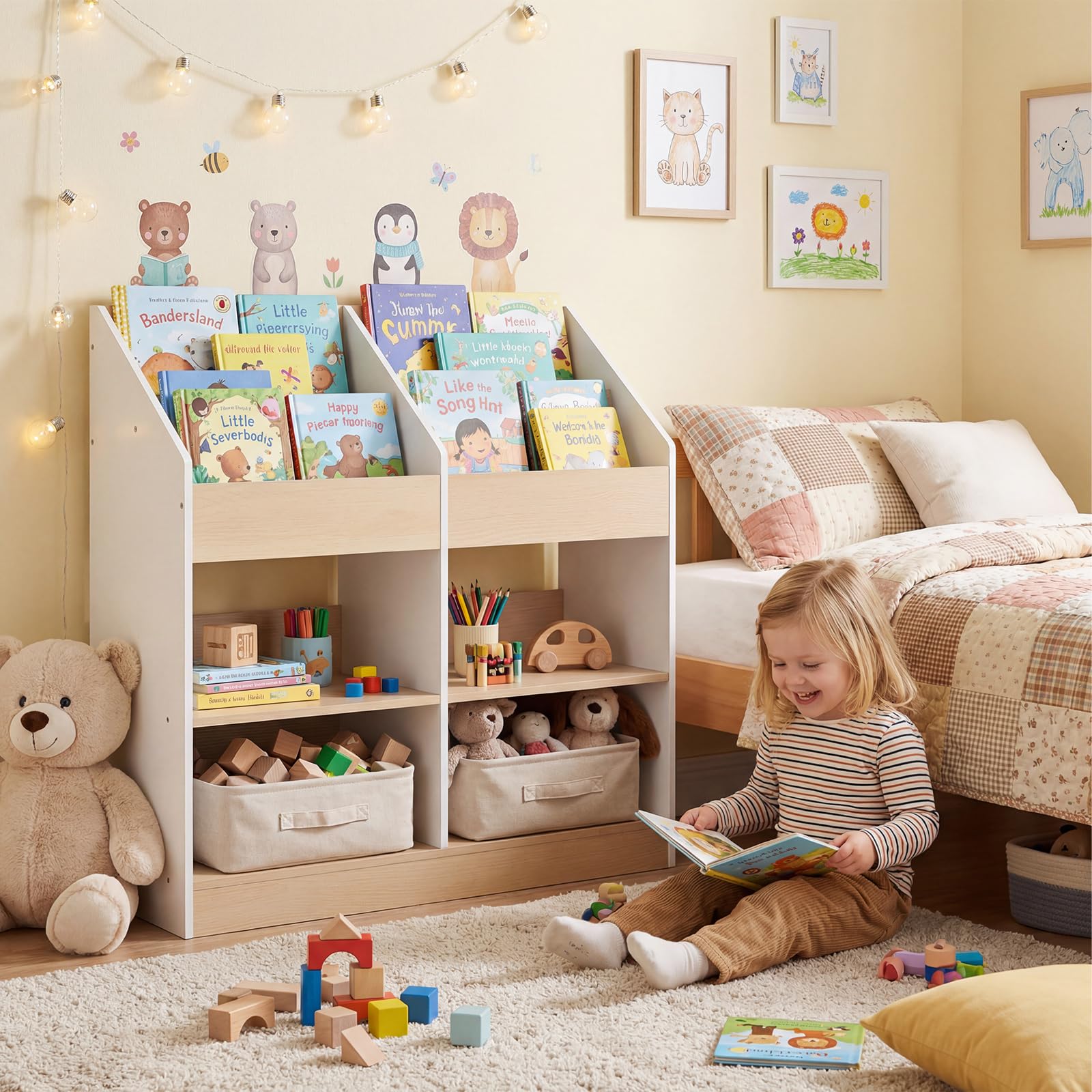 COSTWAY Bibliothèque Enfant en Bois avec 4 Cubes et 4 Compartiments Ouvertes, Étagère à Livres Enfant avec Kit Anti-basculement, Organiseur de Jouets pour Salle de Jeux Crèche