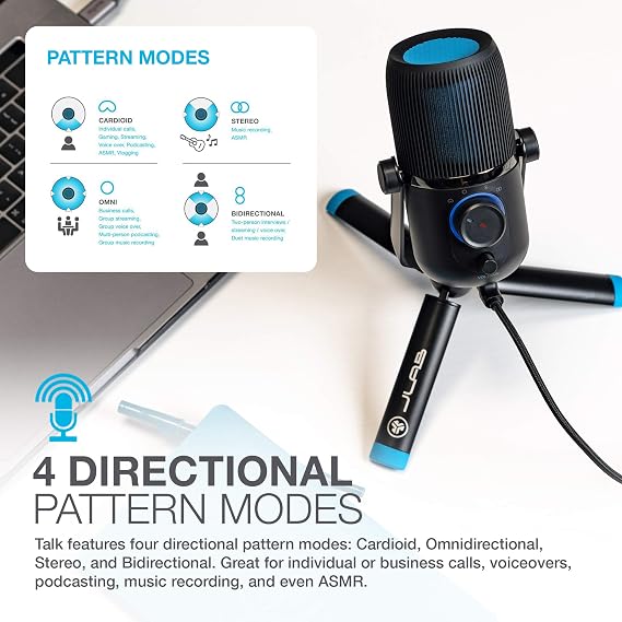 JLab Talk USB Microphone, USB-C Output, Cardioid, Omnidirectional, Stereo or Bidirectional, 96k Sample Rate, 20Hz, 20kHz Frequency Response, Volume, Gain Control, Quick Mute, Plug & Play