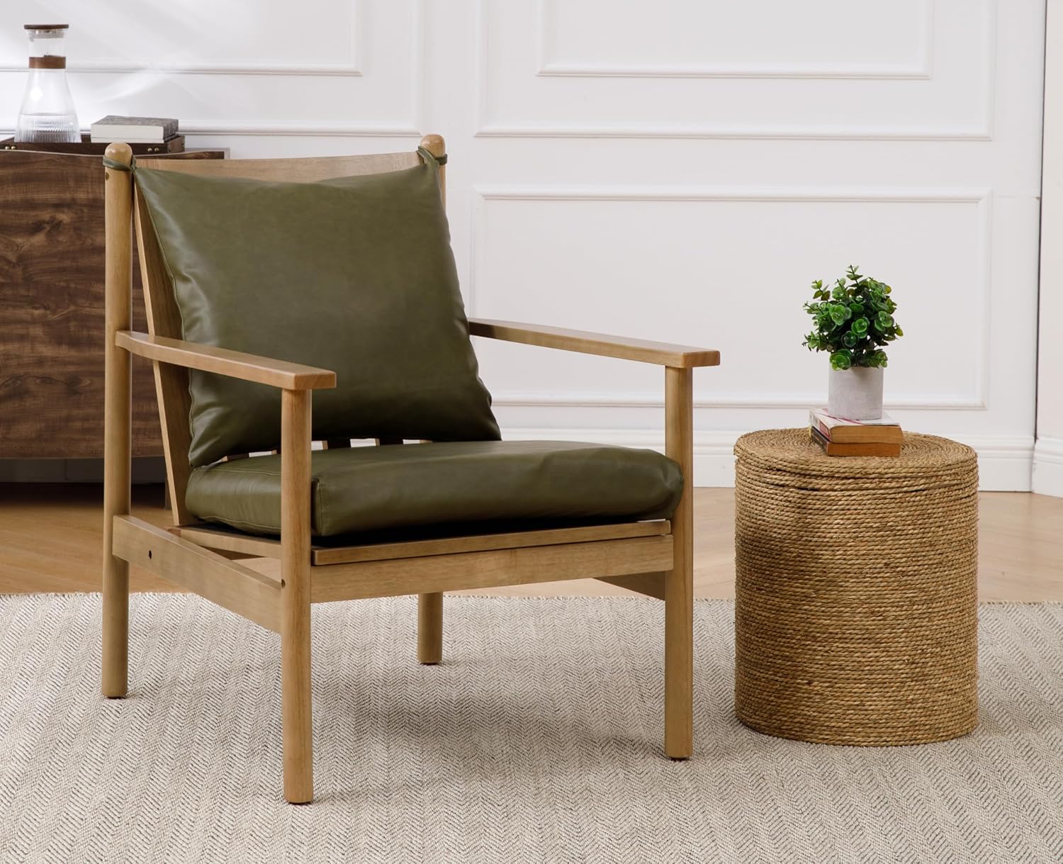 EALSON Green Leather Accent Chair Mid Century Modern Comfy