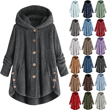 Fuzzy Fleece Jacket for Women Lightweight Cozy Button Hooded Shirts Womens Winter Coats Causal Plus Size Bed Jackets