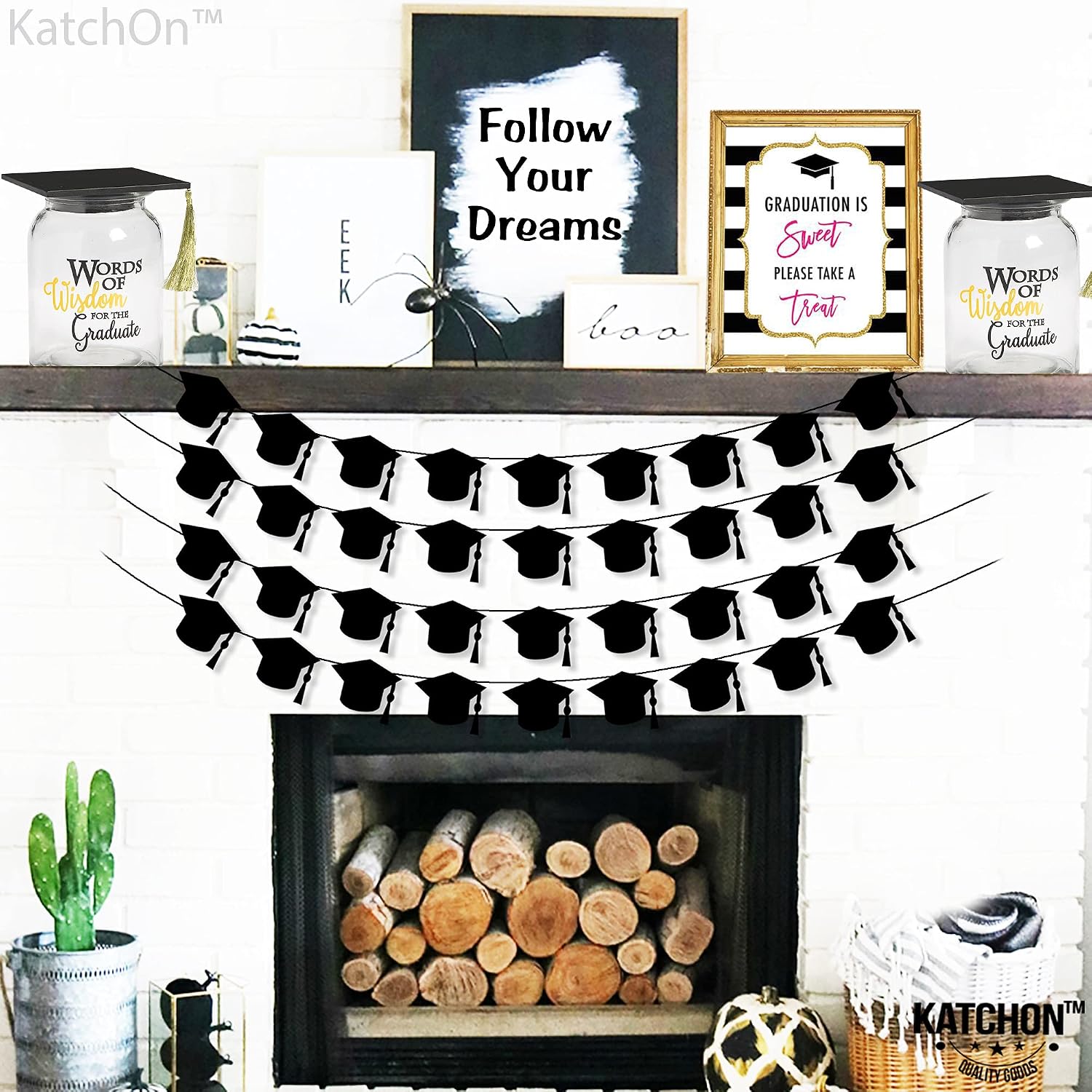 KatchOn, Felt Black Graduation Cap Garland - 4 String | Grad Garland Class of 2026, Grad Decor Class of 2026 | Black 2026 Grad Party Decorations, Graduation Decorations 2026